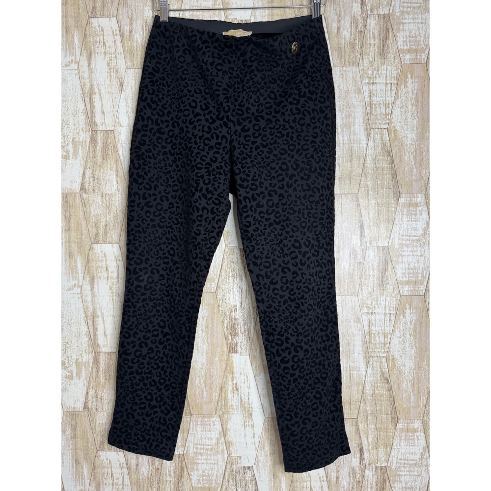Michael Kors Women's Black Velvet Leopard Print Straight Leg Pants Size M